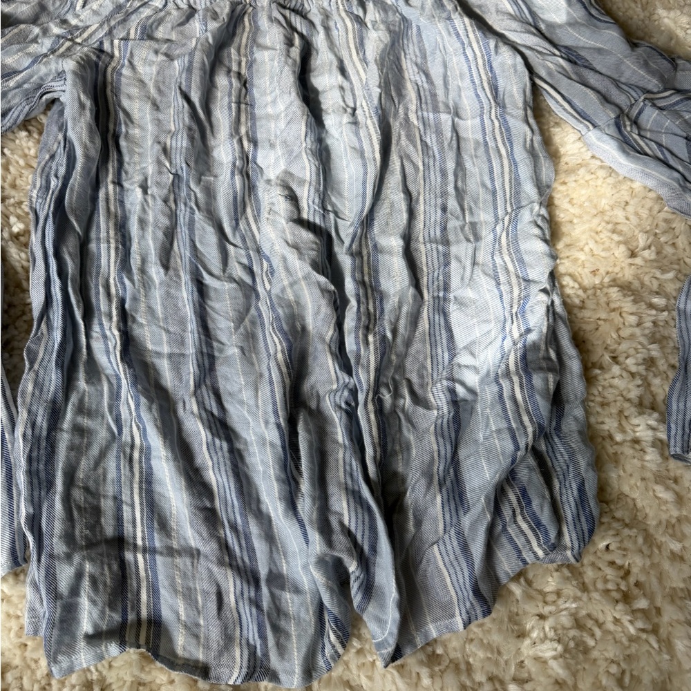 Fever Light Blue and White Striped Off-Shoulder Top bell sleeve spring blouse - Picture 3 of 4